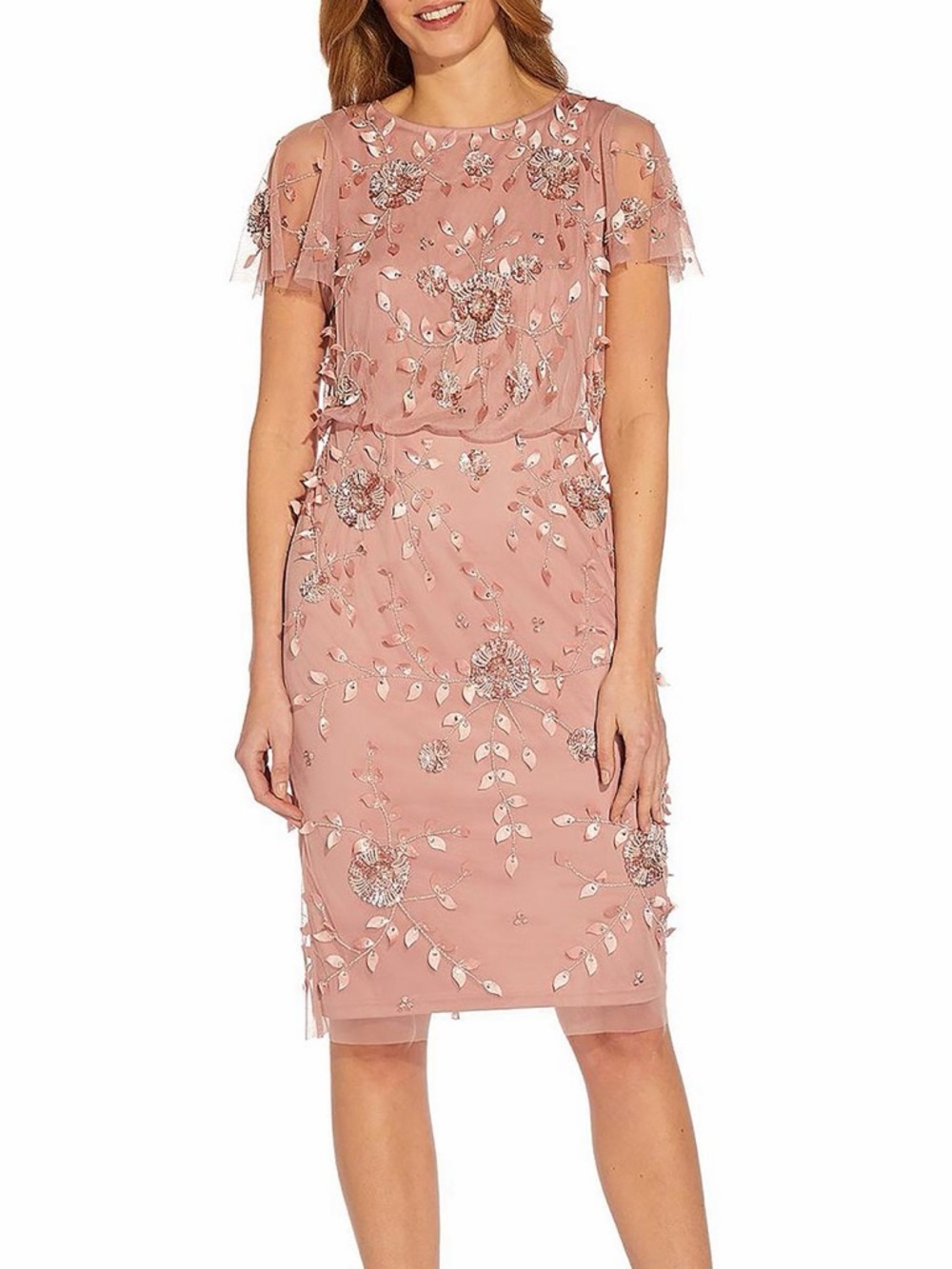 Adrianna Papell Hand Beaded Blouson Dress Rose Quartz Cocktail Formal Size 2